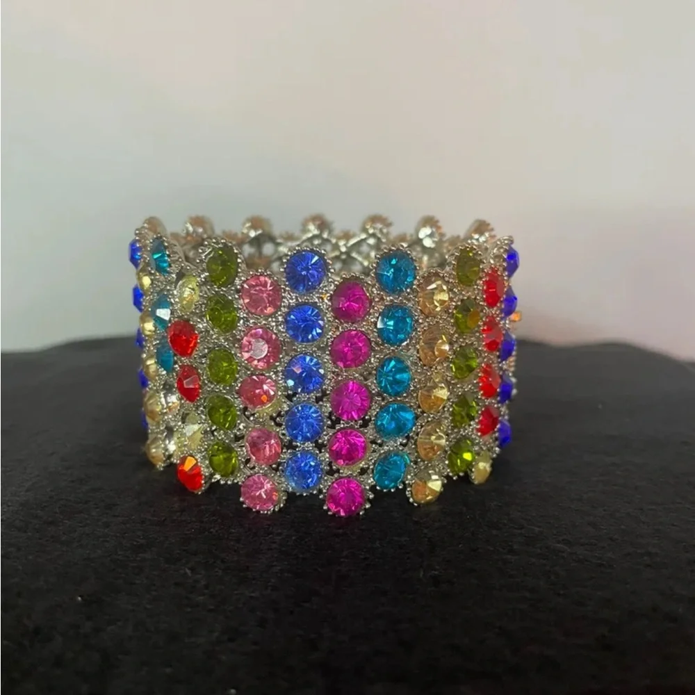 Wide Spring-Hinged Rhinestone Bangle Bracelet Muliti-Color Bling Colorful